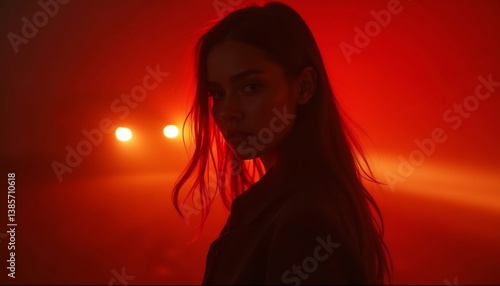 Portrait Of A Woman In Dramatic Red Light,Captivating Gaze And Mysterious Atmosphere,Artistic And Stylish
