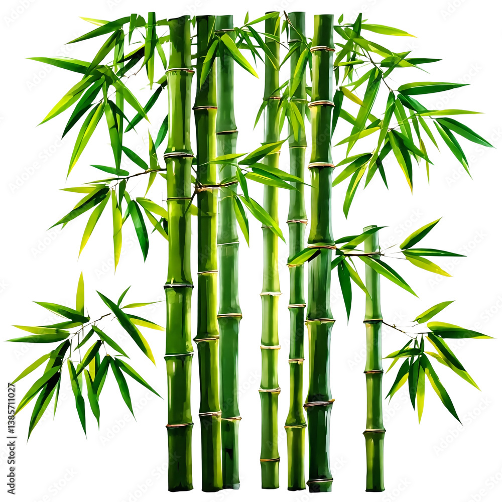 Obraz premium a vibrant and detailed illustration depicts several stalks of lush green bamboo with gracefully arching leaves against a plain white background.