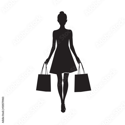 A smiling fashion lady, a silhouette of a woman with shopping bags, enjoys her retail purchase