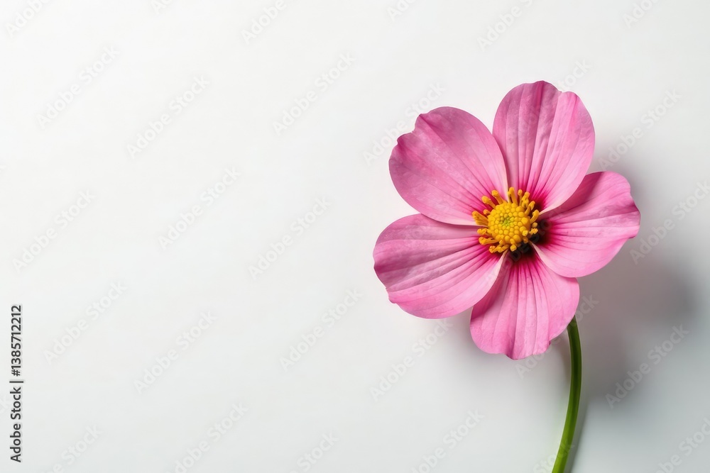 A single flower blooms on a plain white surface, plain, petals, white A single flower blooms on a plain white surface, plain, petals, white