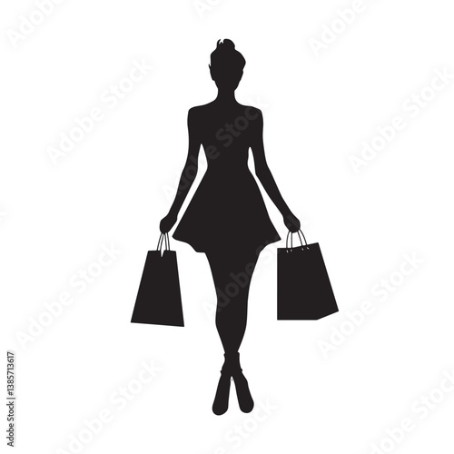 Silhouette of a smiling shopaholic lady holding shopping bags, a symbol of fashion and retail happiness