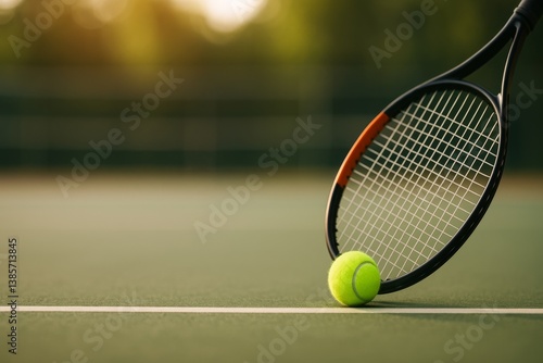 Tennis Racket and Bright Yellow Ball Resting on Green Court During Late After...