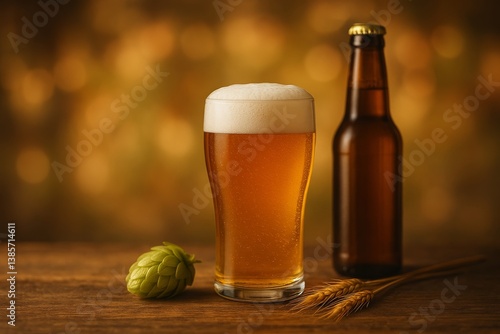 Perfectly Poured Beer in a Clear Mug Resting on a Wooden Table in a Warm and ...
