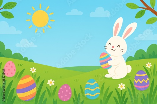 Colorful Easter Eggs and a Bunny in a Vibrant Spring Landscape With a Blank B...