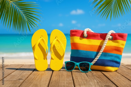 Colorful Beach Accessories on a Wooden Deck by the Ocean in Bright Sunlight