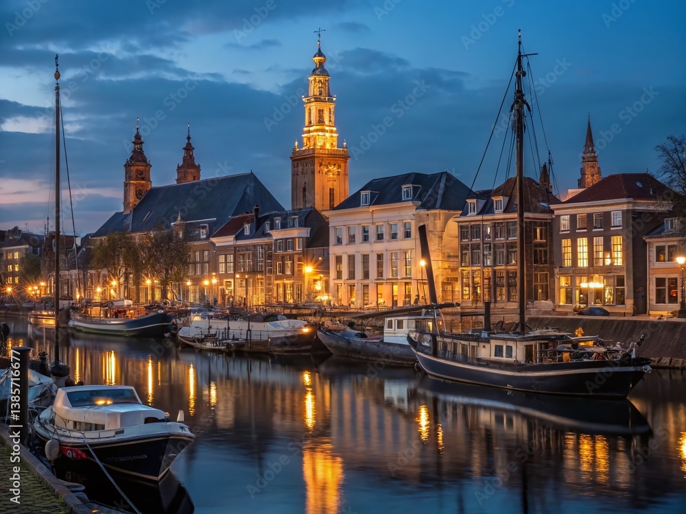Obraz premium Kampen Netherlands Night Scenic Harbor Lightscape Photography