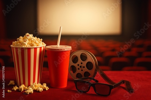 Enjoying a Movie Night With Popcorn, Soda, and 3D Glasses in a Cinema Setting