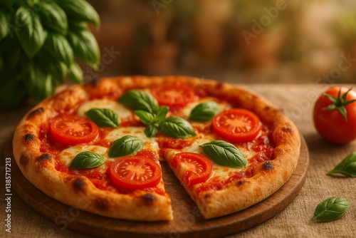 Freshly Baked Margherita Pizza With Basil and Tomatoes Set on Rustic Wooden T...