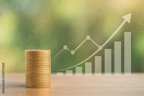 Stacked Coins Represent Financial Growth With Upward Trend Graph in Background