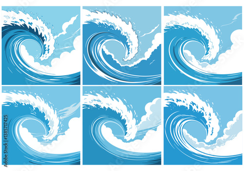 Set of Powerful Ocean Waves in Various Stages
