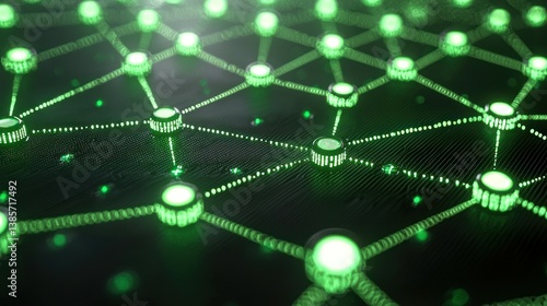 Glowing green network nodes interconnected on a dark surface. Intricate pattern