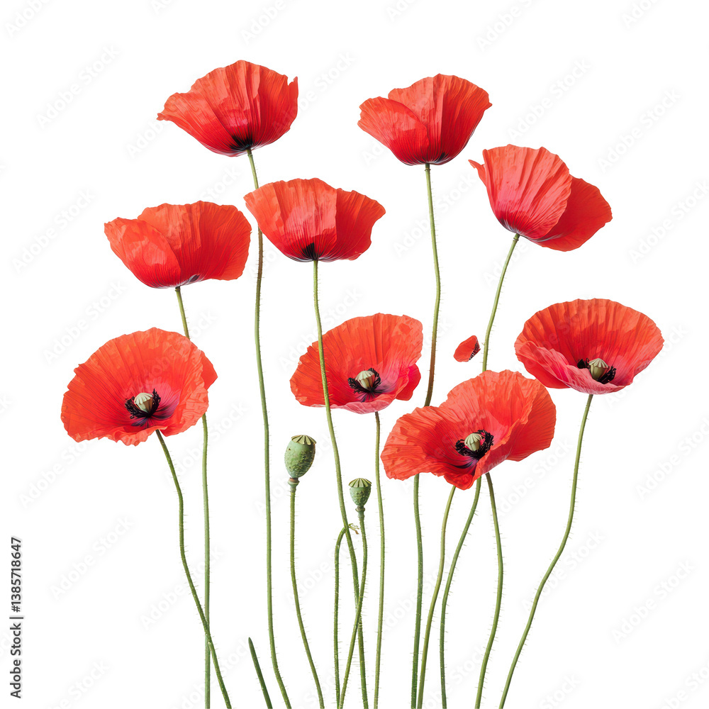 Fototapeta premium Scarlet Poppy Symphony: A vibrant bouquet of red poppy blossoms gracefully dance in the sunlight, showcasing their delicate petals and graceful stems. Capturing the essence of floral beauty, purity.