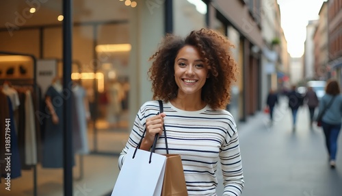 Woman Smiling While Shopping in a Busy Street