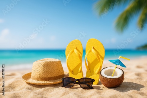 Bright Summer Accessories on Sandy Beach With Ocean Background and Palm Trees...