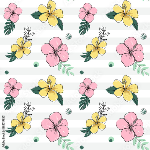 Seamless pattern with tropical flowers with black outline. Hibiscus backckground. Sketch, line art drawing style.