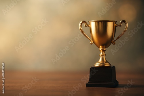 Golden Trophy Displayed on Wooden Table Against a Blurred Background During D...