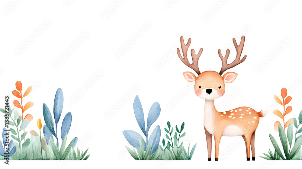 Fototapeta premium A watercolor cartoon illustration with cute deer with copy space for text