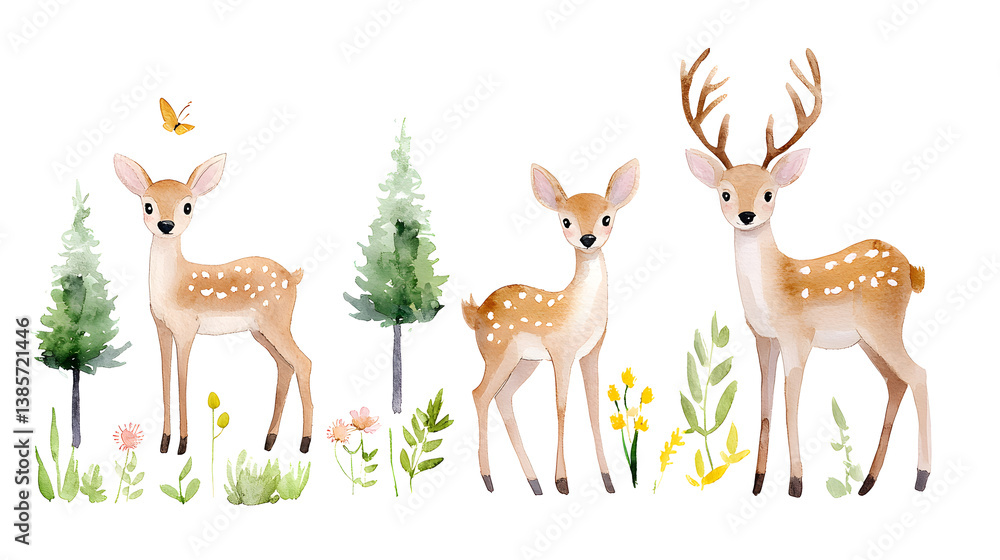 Fototapeta premium A watercolor cartoon illustration with cute deer with copy space for text