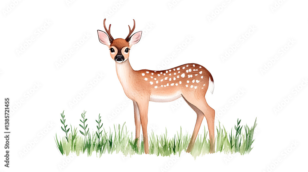 Fototapeta premium A watercolor cartoon illustration with cute deer with copy space for text