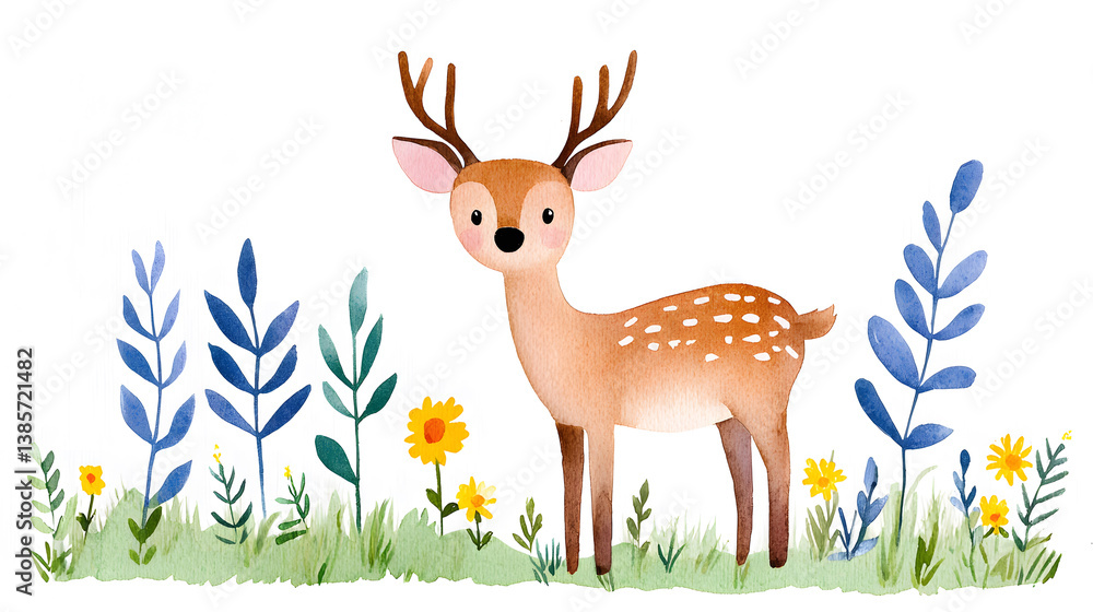 Fototapeta premium A watercolor cartoon illustration with cute deer with copy space for text