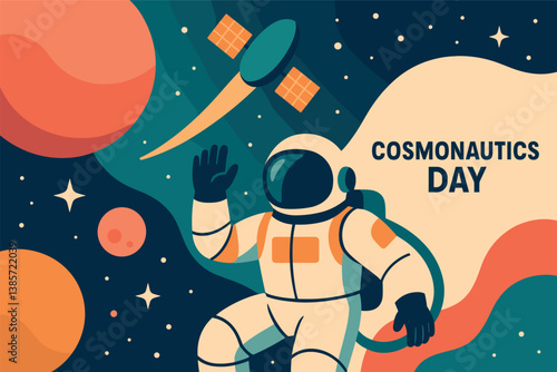 Cosmonautics day celebration with astronaut and satellite in space exploration design