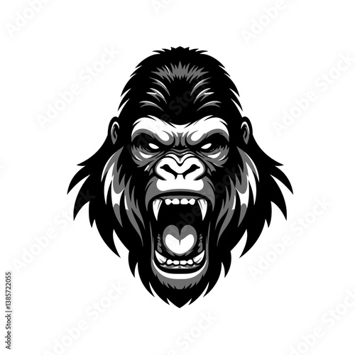 Ferocious Gorilla: A monochrome illustration of a powerful gorilla in an intense moment of fury, its teeth bared and eyes blazing with raw intensity.