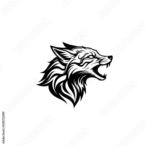 Raging Wolf: A dramatic, black and white illustration of a fierce wolf, its jaws bared in a display of primal power, capturing the essence of wildness and intensity.