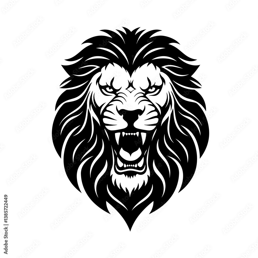Lion's Roar: A powerful and majestic lion head, rendered in striking black and white, showcases fierce energy and untamed elegance, perfect for any design needing a symbol of strength and valor. Lion's Roar: A powerful and majestic lion head, rendered in striking black and white, showcases fierce energy and untamed elegance, perfect for any design needing a symbol of strength and valor.