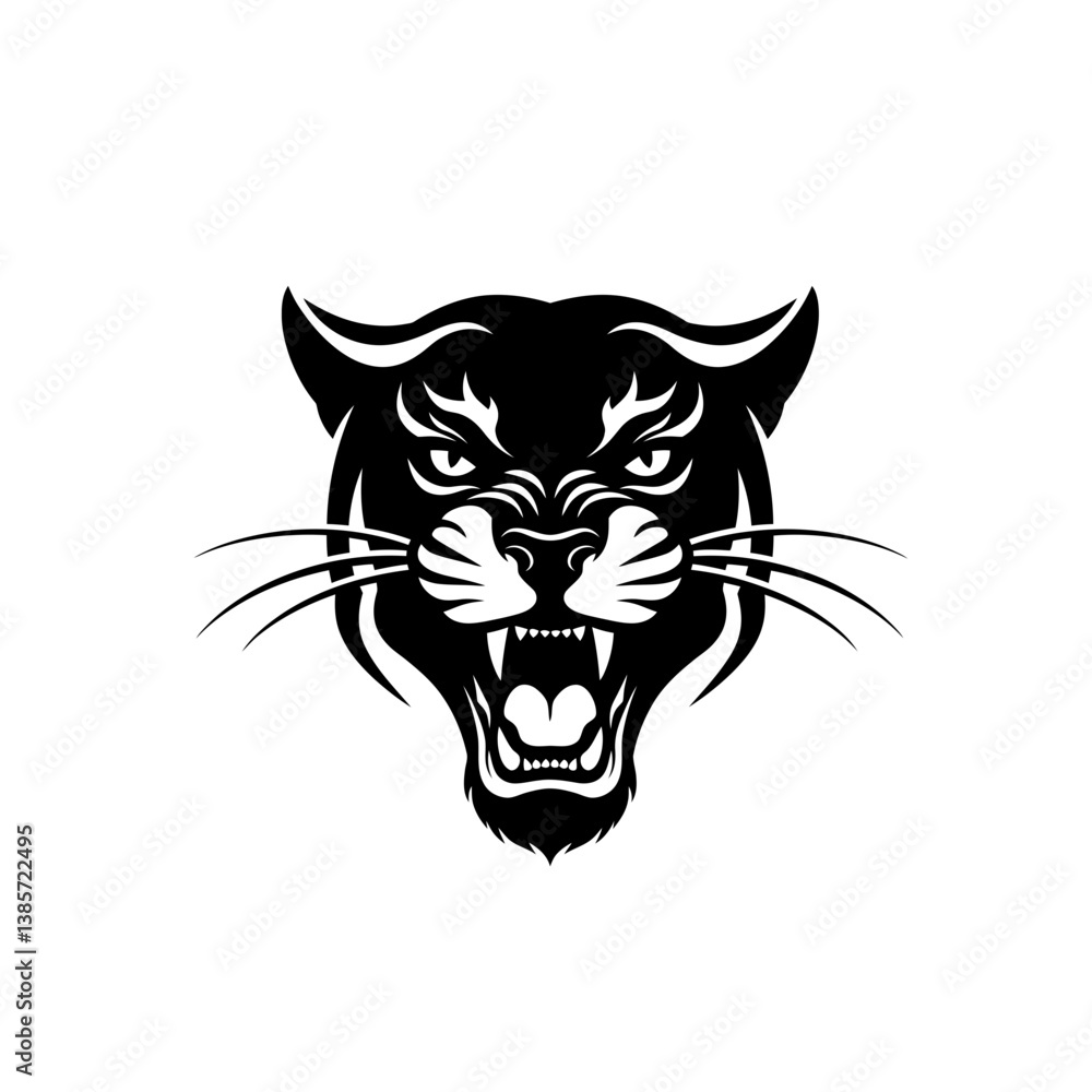 Panther's Intensity: A bold, black and white illustration of a snarling panther head, radiating power and ferocity. Panther's Intensity: A bold, black and white illustration of a snarling panther head, radiating power and ferocity.