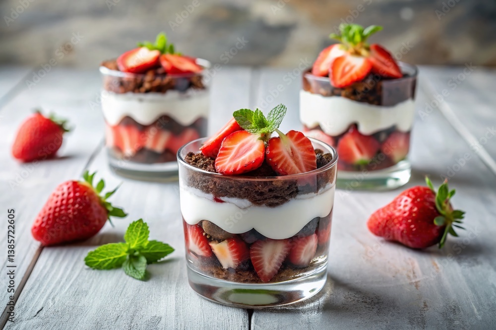 Layered Brownie Dessert with Strawberries & Mascarpone Cream in Glass - Delicious Portion Dessert Layered Brownie Dessert with Strawberries & Mascarpone Cream in Glass - Delicious Portion Dessert