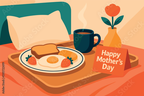 Mother's day breakfast in bed with toast, coffee, and flowers for celebration