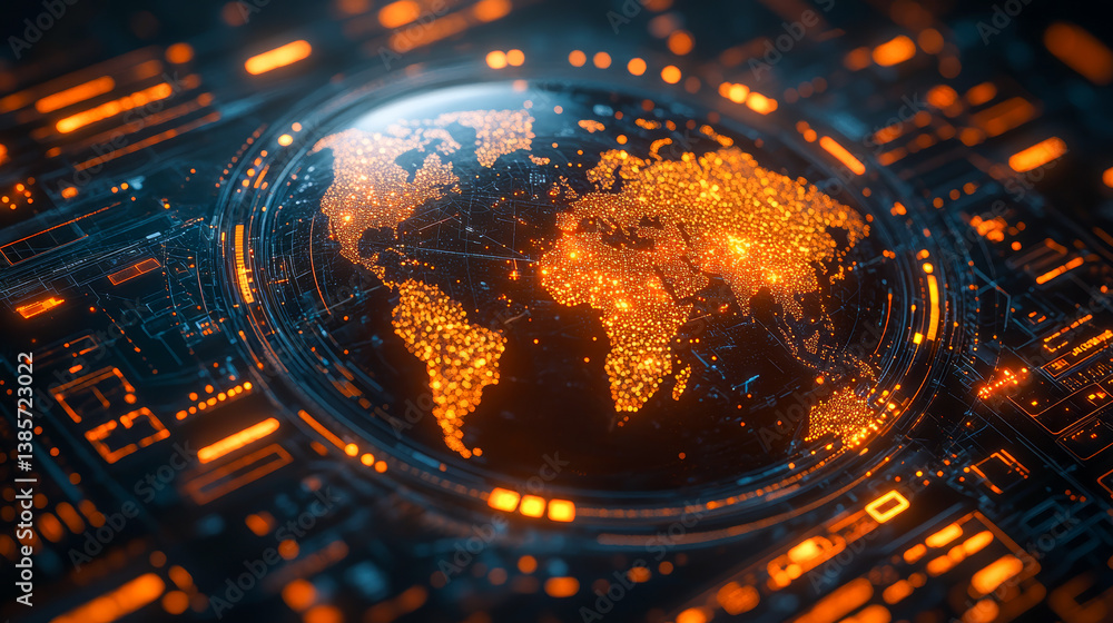 Fototapeta premium Digital Earth Representation with Illuminated Landmasses 