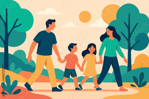 Family enjoying a leisurely stroll in the park on a sunny day