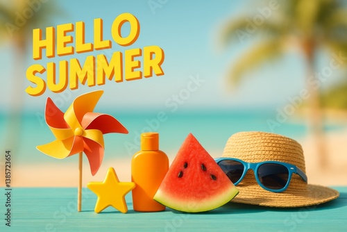 Bright Summer Decoration With Fruit, Beach Items, and a Cheerful Greeting in ...