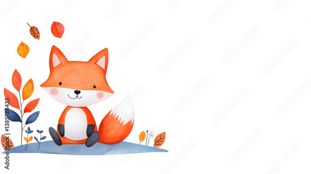 Fototapeta premium A watercolor frame with cartoon cute fox sitting on grass with copy space for text