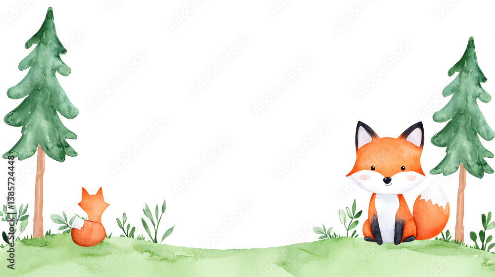 Fototapeta premium A watercolor frame with cartoon cute fox sitting on grass with copy space for text