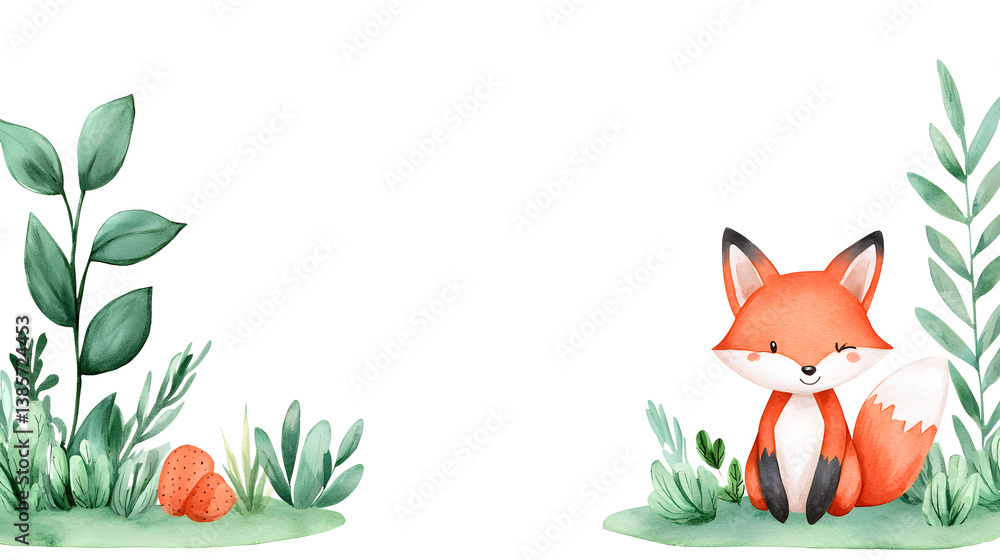 Fototapeta premium A watercolor frame with cartoon cute fox sitting on grass with copy space for text