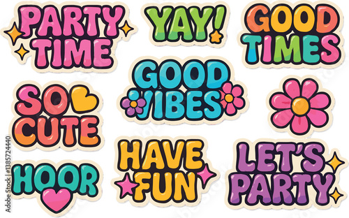 Y2k themed festive stickers with vibrant text and icons for fun celebrations