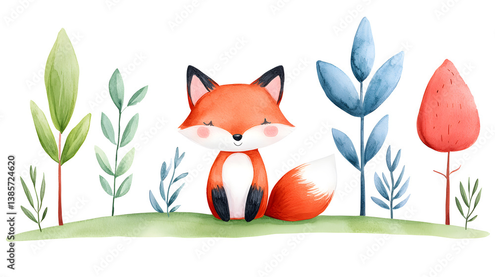 Fototapeta premium A watercolor frame with cartoon cute fox sitting on grass with copy space for text