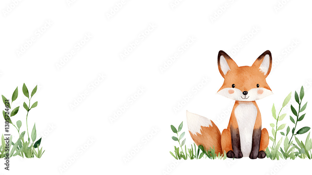 Fototapeta premium A watercolor frame with cartoon cute fox sitting on grass with copy space for text