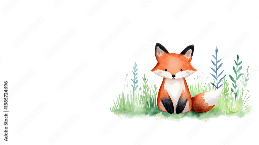 Fototapeta premium A watercolor frame with cartoon cute fox sitting on grass with copy space for text