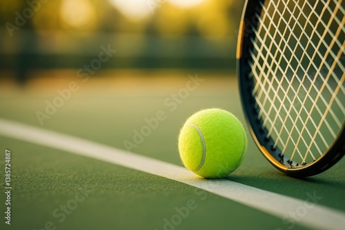 Tennis Racket and Bright Yellow Ball Resting on Green Court During Late After...