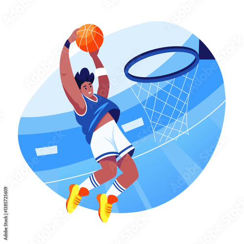 Flat illustration of a character playing basketball
