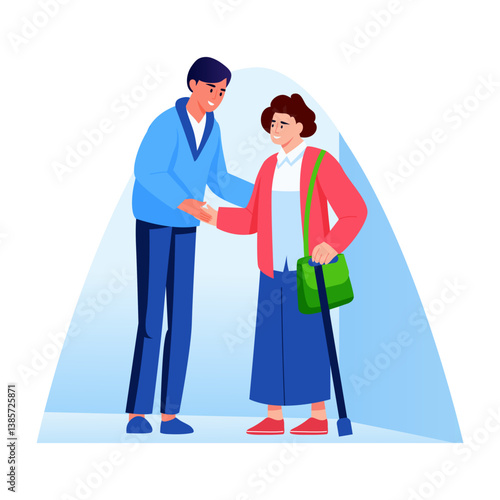 A character helping an elderly character, flat style illustration