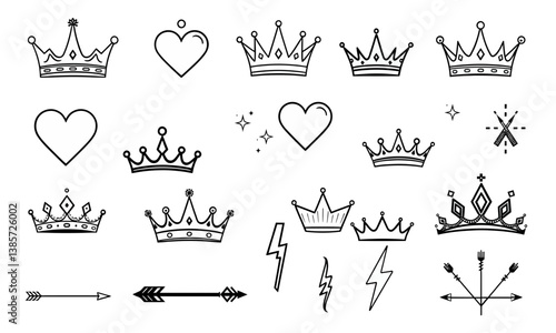 collection of decorative crowns and hearts, featuring various styles and designs, perfect for embellishments and graphic projects. imagery evokes sense of royalty and charm