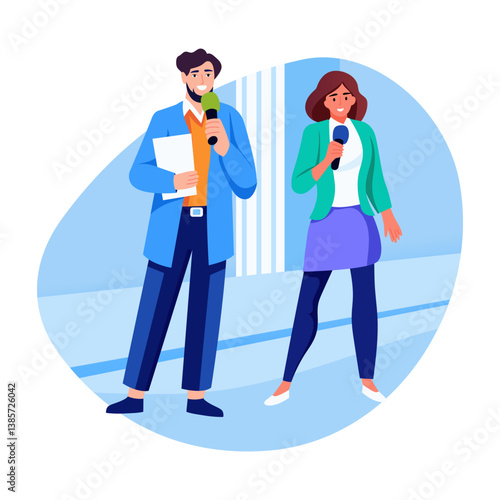 Flat style illustration of two news reporters holding mics