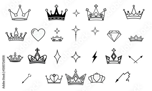 collection of various crown designs including traditional modern and decorative styles along with hearts diamonds and stars creating regal and whimsical theme