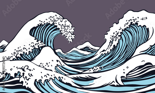 vibrant illustration of stylized ocean waves, showcasing dynamic movement and intricate details in blue and white tones, evoking sense of energy and tranquility