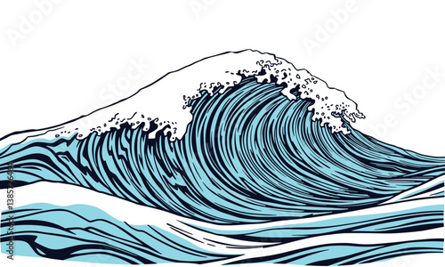 stylized illustration of large ocean wave, featuring intricate lines and shades of blue, capturing dynamic movement and energy of sea. wave has frothy crest and smooth body, evoking sense of power