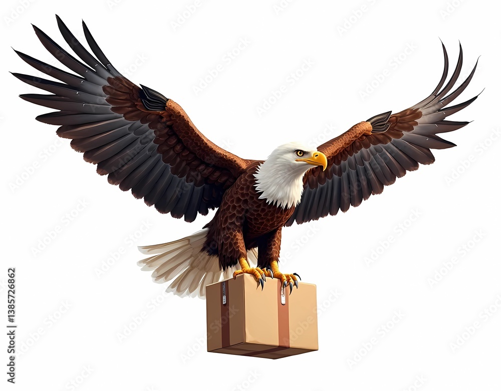 Obraz premium an eagle flies delivering a box package isolated on white background. Hasilkan AI